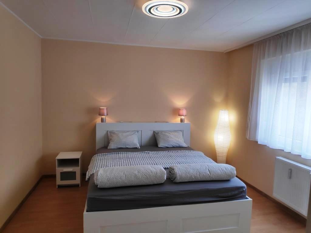 塞克萨德Kölcsey Apartman的一间卧室配有一张大床和两个枕头