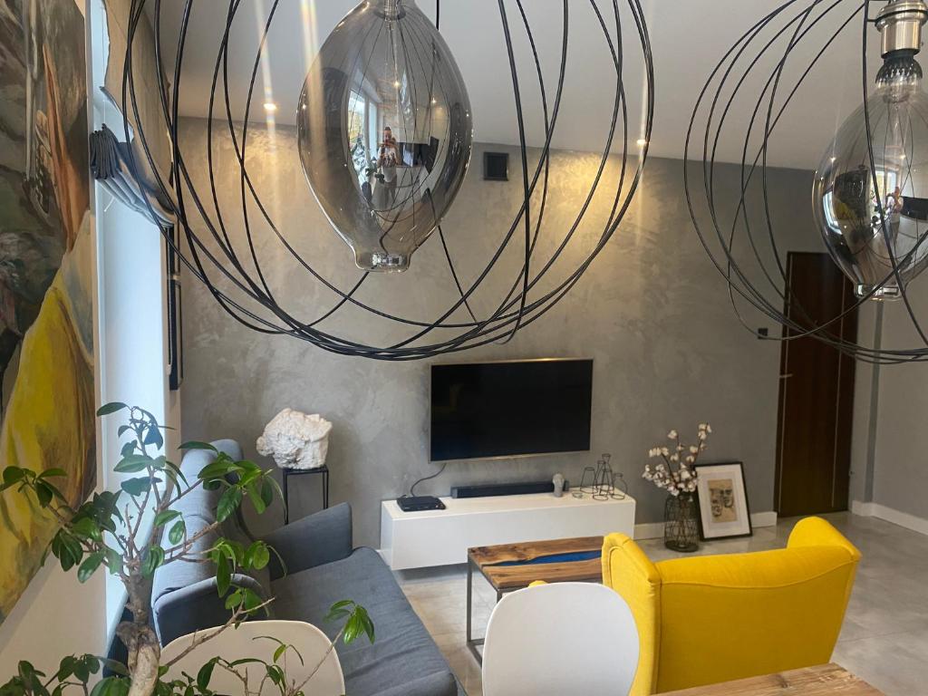 科宁Apartament Centrum- Art&Design的带沙发和电视的客厅