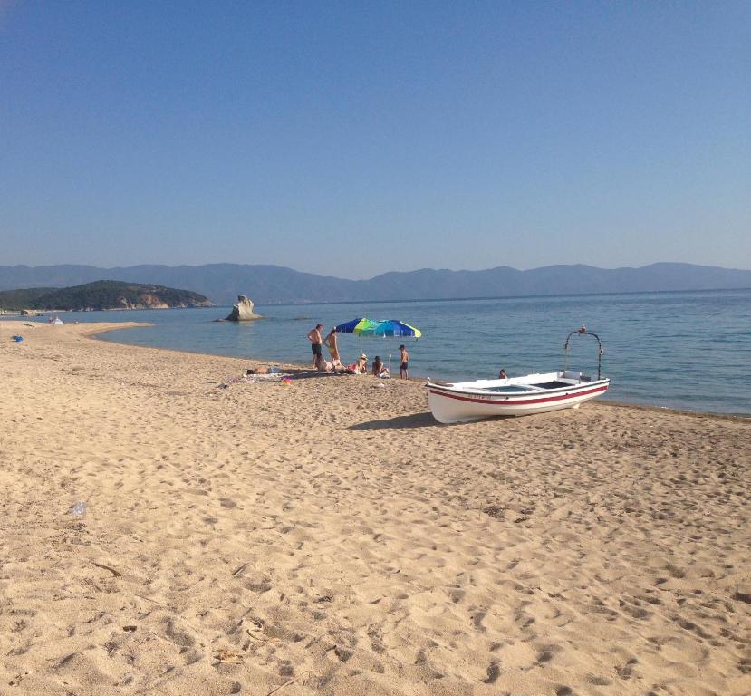 伊里斯斯Ikidiki Beach Villa的和水面上的人们一起在海滩上乘船