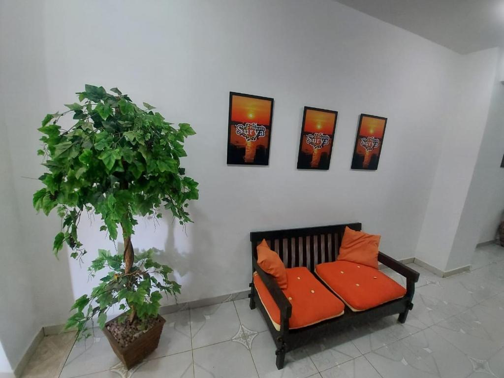 波多韦柳Pousada Surya的一张长凳,旁边是一张带橙色枕头的墙壁,墙上有四幅画作