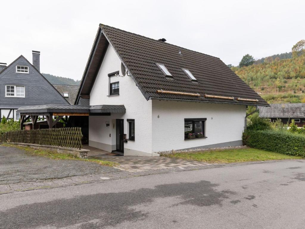 奥尔斯贝格Cosy holiday home in Olsberg with garden的黑色屋顶的白色房子
