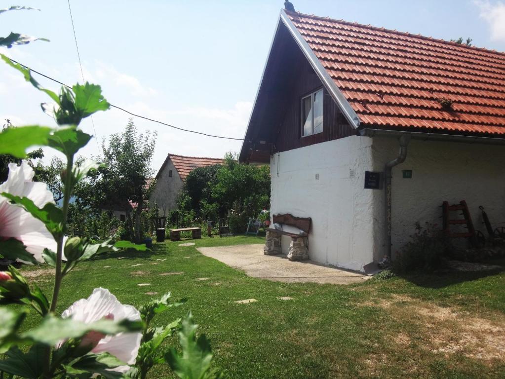 Tomaševcismještaj Mala Zidanica的一座红色屋顶的房子和一个院子