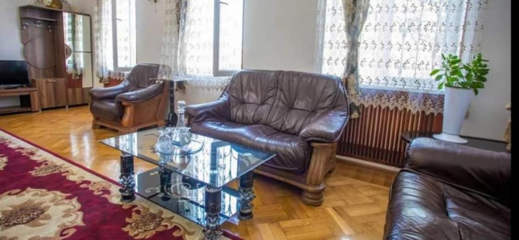 库塔伊西Hotel Devino的客厅配有两张真皮座椅和玻璃桌