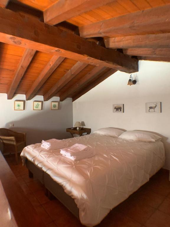 拉伊鲁埃拉Casa La Fragua的一间带一张大床的卧室,位于一个拥有木制天花板的房间