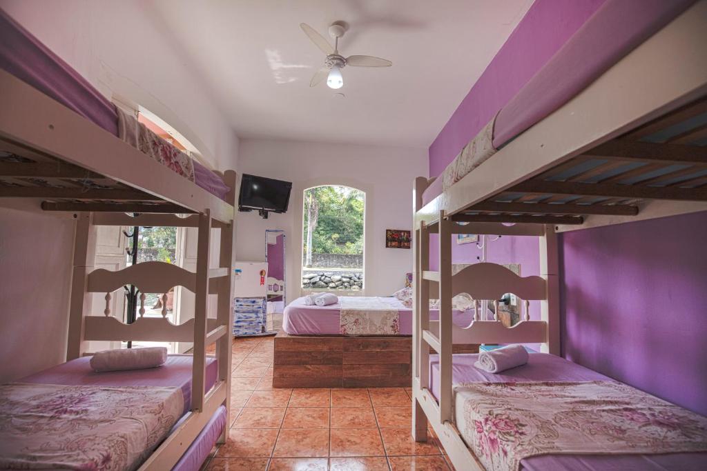 帕拉蒂Pousada Casa do Rio Hostel - 8 min do Centro Hístorico - Passeio de Barco com saída da Pousada -Pago a parte- Perto das Praias e Beira Rio的紫色墙壁客房内的两张双层床