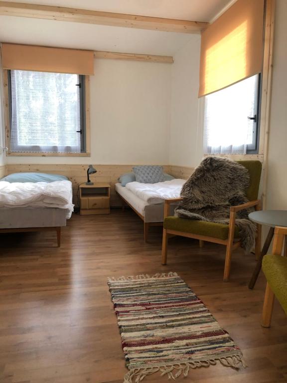 霍尼普拉纳Retro chatky Hůrka Lipno的一间设有两张床的房间和一张地毯