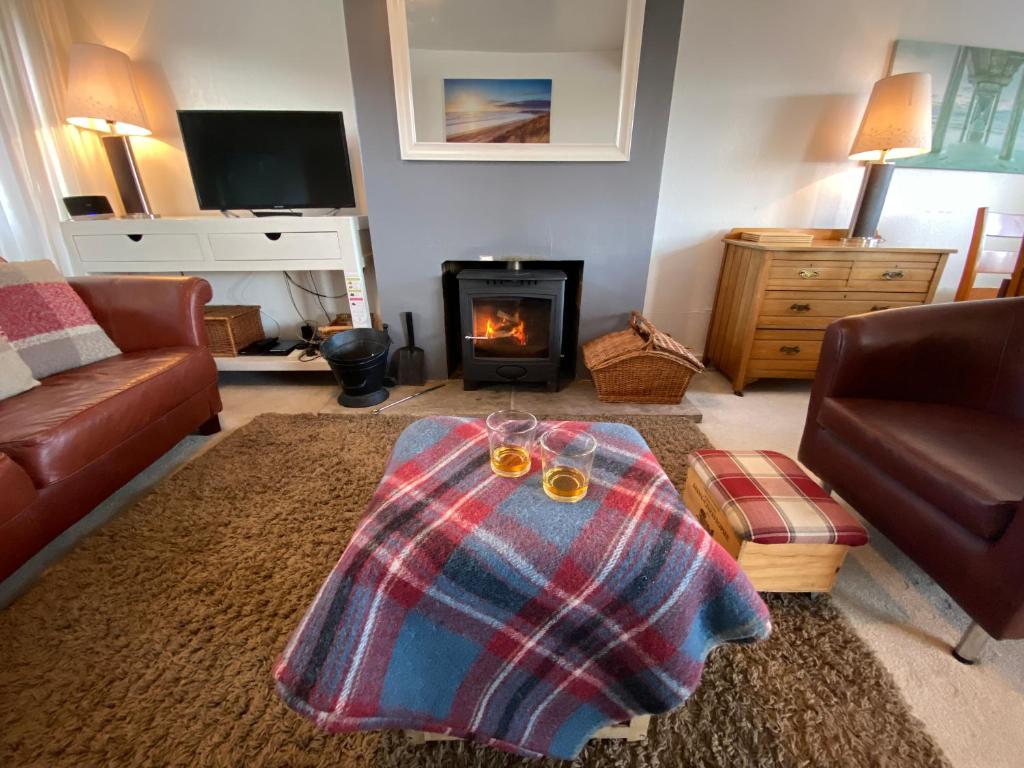 Isle of GighaBeach View Cottage的带沙发和壁炉的客厅