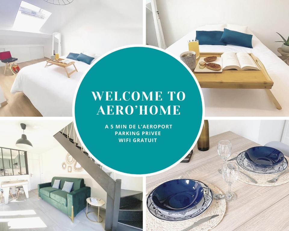 阿蒂斯蒙斯AeroHome - Appart Confort - Aeroport d Orly à proximité - Parking的一张带一张床铺和一张桌子的房间的照片拼在一起