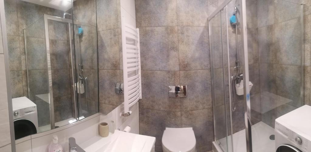 弗瓦迪斯瓦沃沃Apartament z Widokiem的带淋浴、卫生间和盥洗盆的浴室