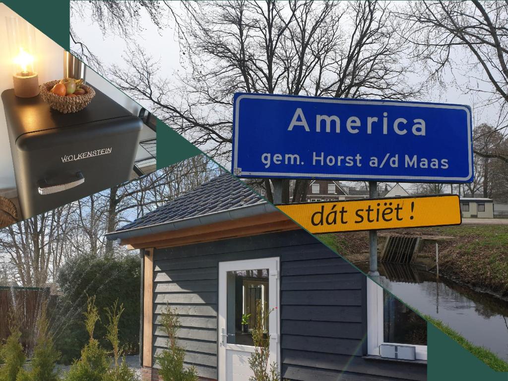 阿梅里卡Stay America的带有街道标志的房子照片的拼贴