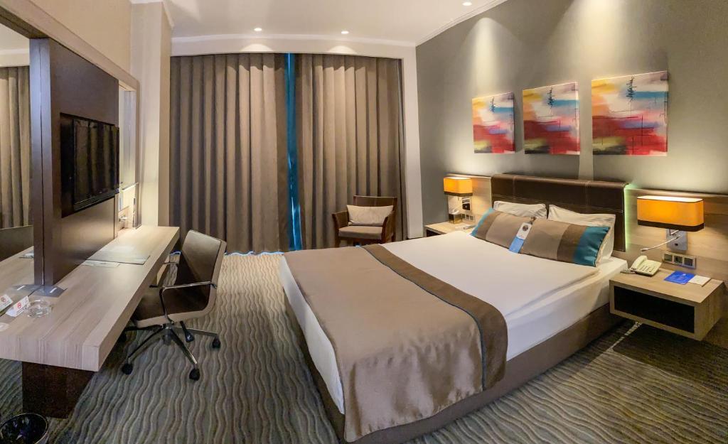 安卡拉欧斯蒂姆帕克商务酒店的酒店客房设有一张大床和一张书桌。