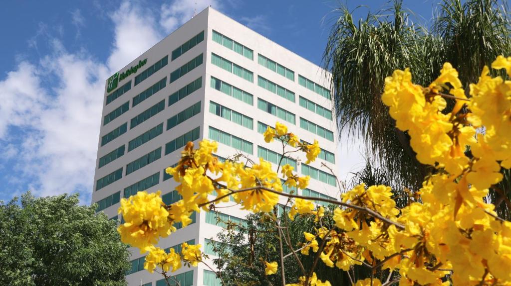 圣路易斯波托西圣路易斯波托西假日酒店-吉诃德的一座高大的建筑,前面有黄色的花朵