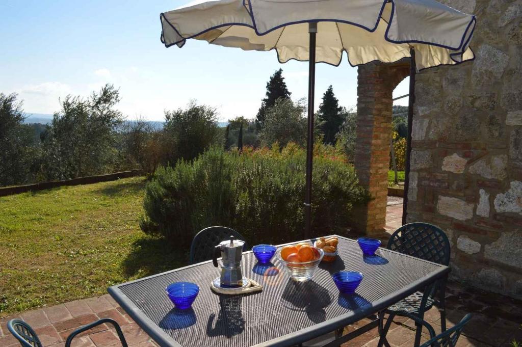 阿夏诺Apartment in Asciano/Toskana 24106的一张桌子,上面有蓝眼镜和雨伞