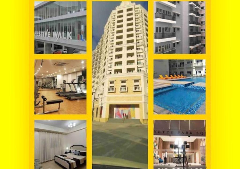 伊洛伊洛Megaworld, Iloilo Business Park Affordable Condo Q的一张带游泳池的建筑物照片的拼贴图