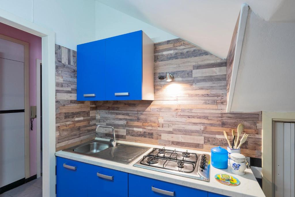 图列Intera casa con 3 camere 2 bagni giardino wifi parcheggio的厨房配有炉灶和蓝色橱柜。