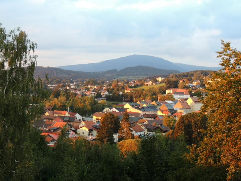 茨维泽尔FW Zauberblick的秋天的小镇,以山为背景