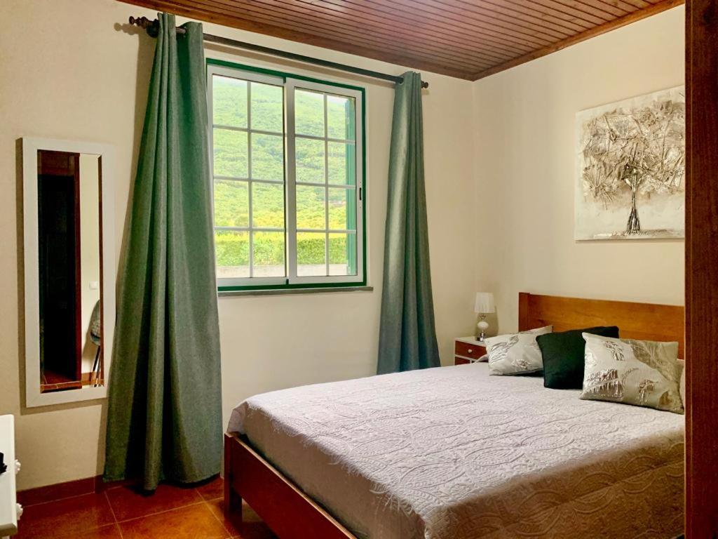 Santo AmaroNinho das Cagarras的一间卧室配有一张带绿色窗帘的床和窗户。