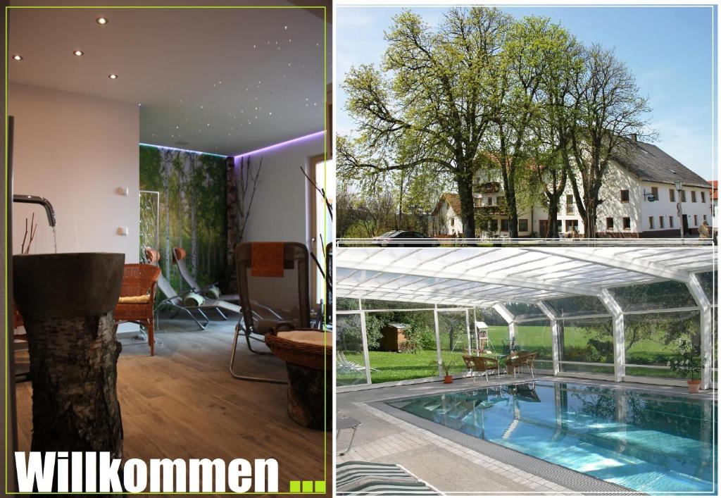 恩格尔哈茨采尔候格斯坦埃德尔家庭膳食公寓酒店的两幅带游泳池的房子的照片