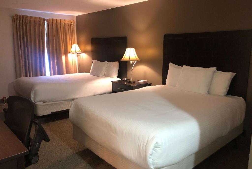 林赛Ramada by Wyndham Lindsay的酒店客房设有两张床和两盏灯。