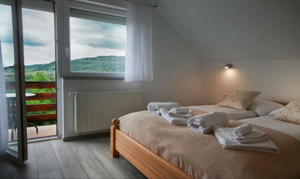 塞里特雷尼科Apartment Josipa的一间卧室设有两张床和大窗户