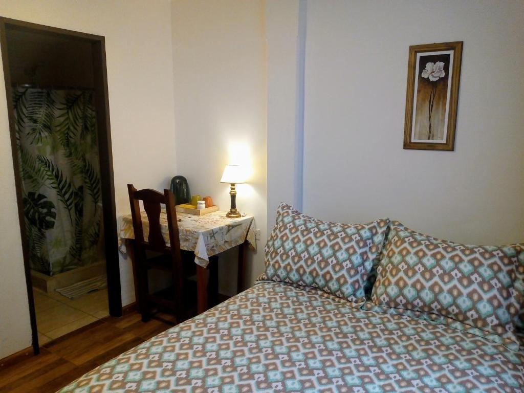 圣卡洛斯-德巴里洛切Astoria Patagonia II habitaciones privadas的一间卧室配有一张床和一张带台灯的桌子