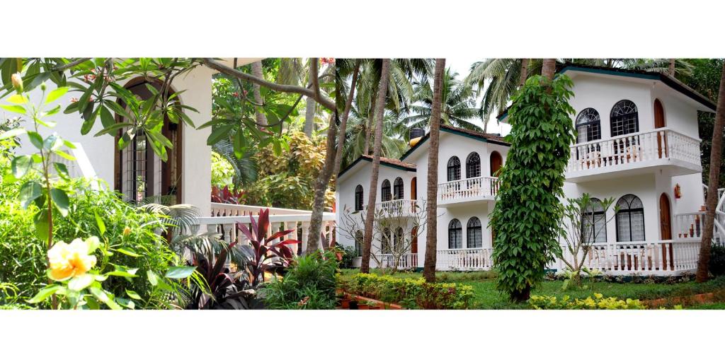 坎多林Albuquerque BetterHomes, Goa的一座种植了树木和植物的大型白色房屋