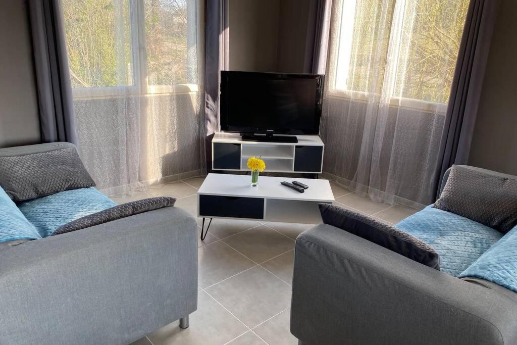 Saint-Martin-du-PuyMaison de vacances - Lac de Chaumeçon - Morvan - La Méloise的客厅配有2把椅子和平面电视