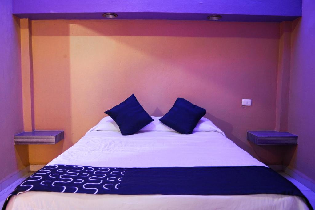 蒙特雷Hotel Oasis的一间卧室配有一张大床和两个蓝色枕头