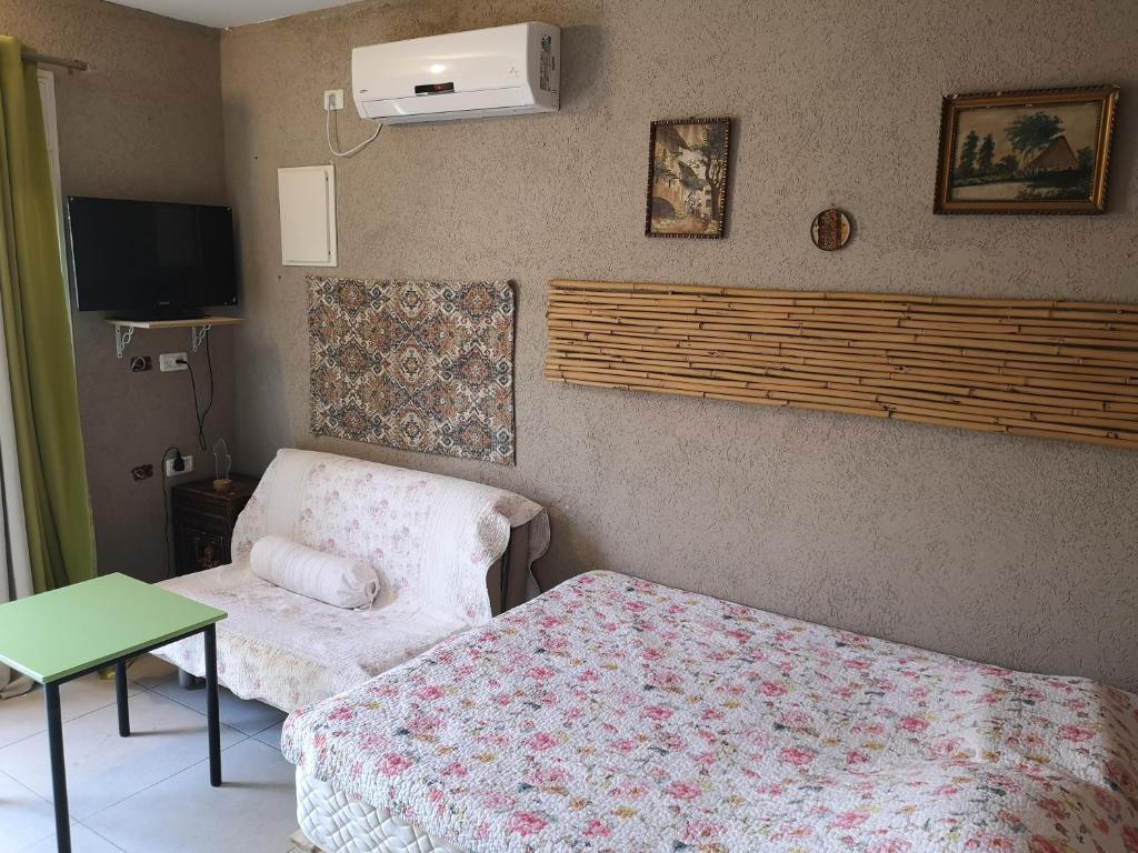 Beʼer OraPaula's corner的一间卧室配有一张床、一把椅子和电视。