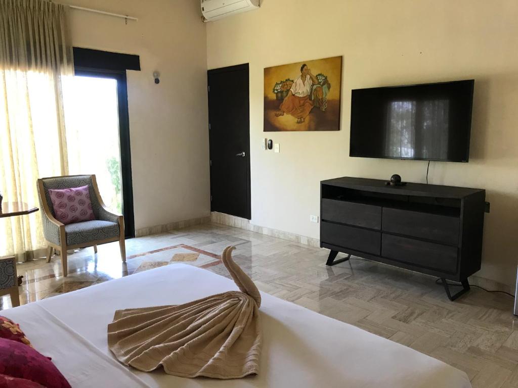 普拉亚卡门Real Escondida的一间卧室配有一张床、梳妆台和电视。