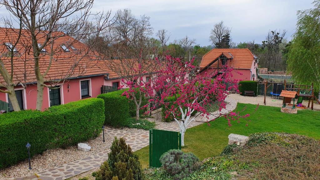 赫洛霍韦茨纳勒德尼克膳食酒店的一座带粉红色花卉花园的房屋