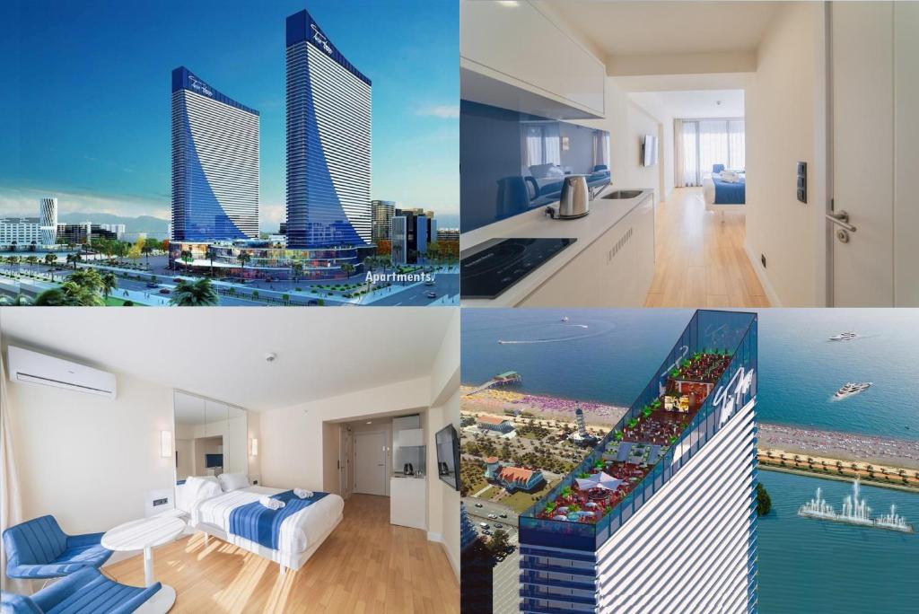 巴统Orbi City Twin Towers的一张酒店房间四张照片的拼贴图