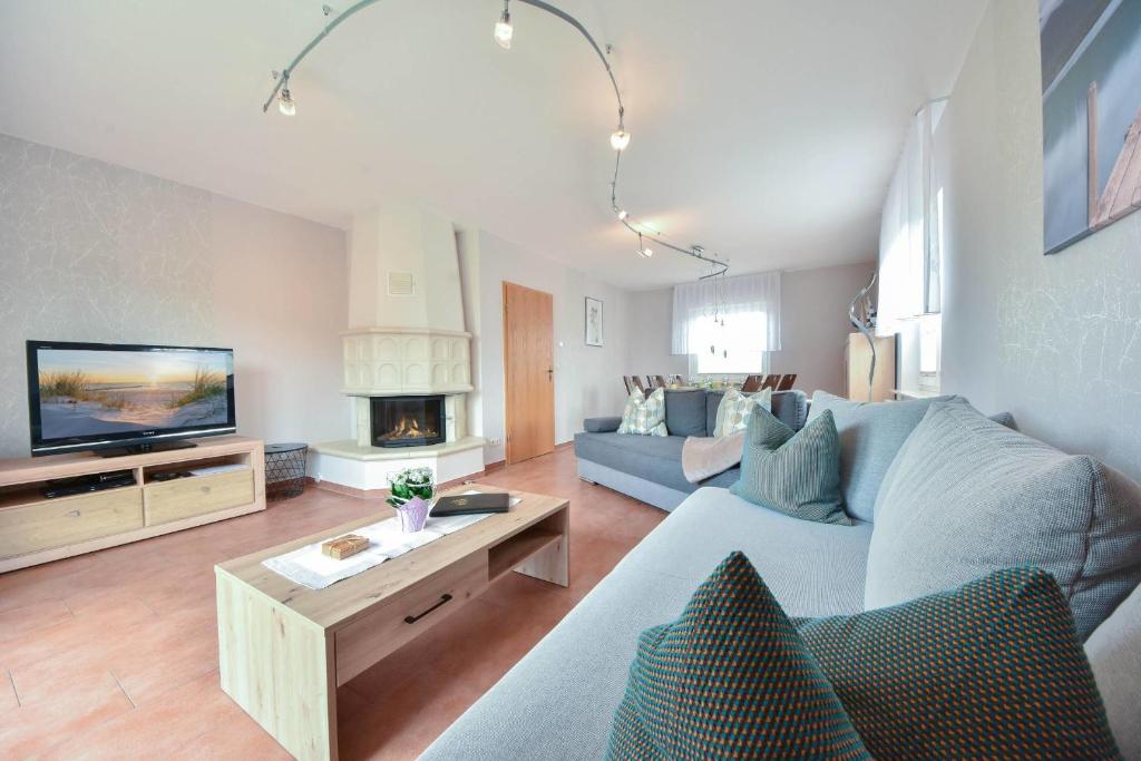 PudaglaFerienhaus Inselnest的客厅配有蓝色的沙发和电视