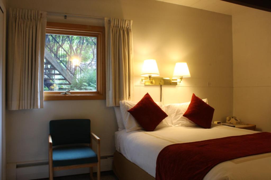 阿斯潘圣莫里茨旅舍及公寓的酒店的客房 - 带一张床、椅子和窗户