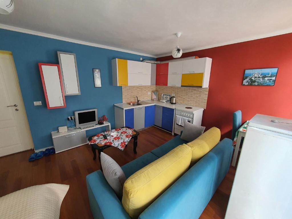 PoliçanMy Apartments Polican的一间带蓝色沙发的客厅和一间厨房