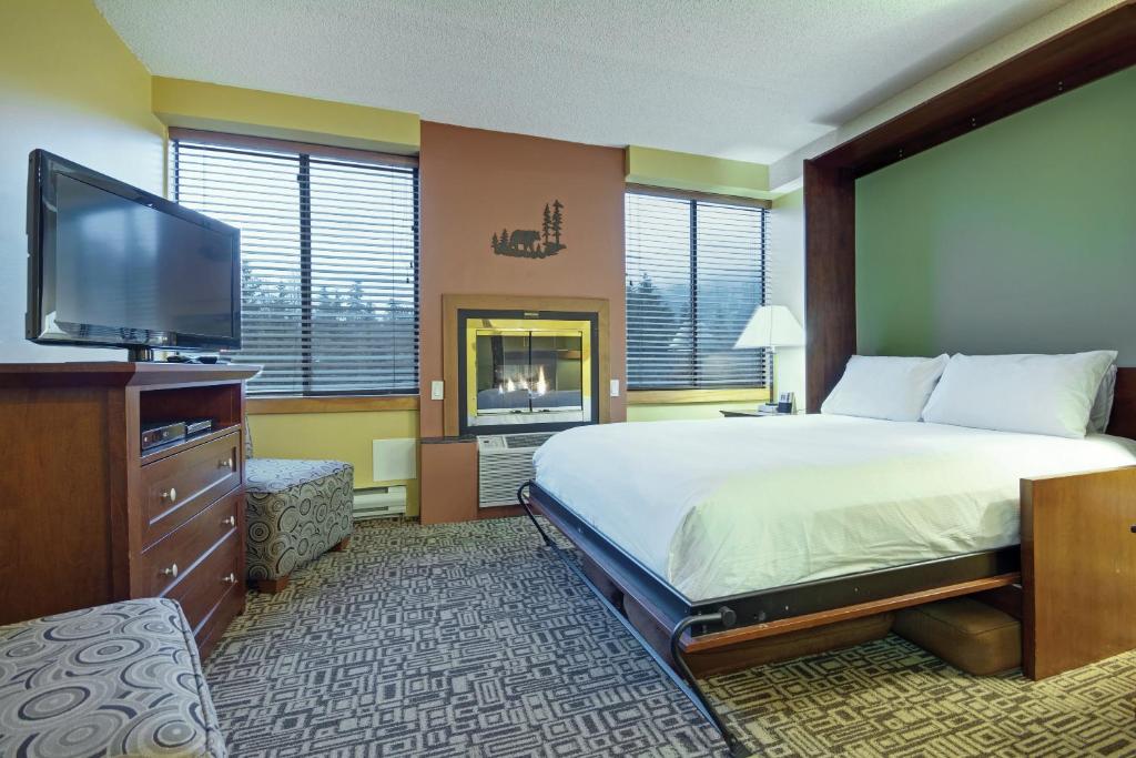 惠斯勒Mountainside Lodge的配有一张床和一台平面电视的酒店客房