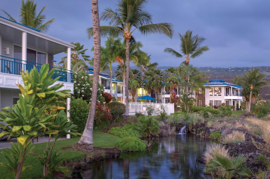 科纳霍鲁亚度假酒店的拥有河流和棕榈树的度假胜地