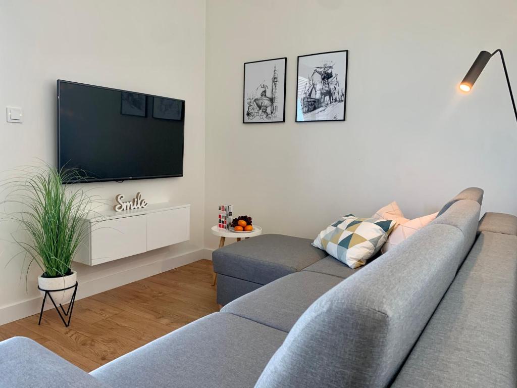 格但斯克AURA Gdansk by Q4Apartments的带沙发和平面电视的客厅