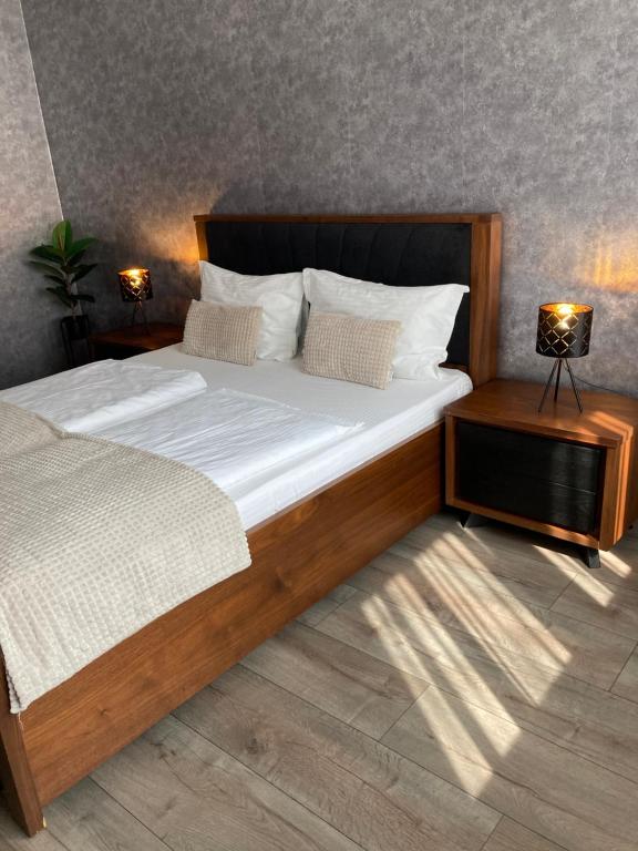 萨图马雷SOLE Apartment 1的一间卧室配有一张带两盏灯的大木床。