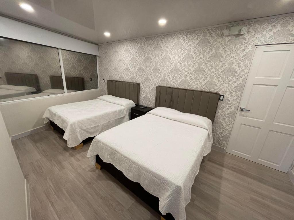 圣安德烈斯Borabora hotel的一间设有两张床和镜子的房间