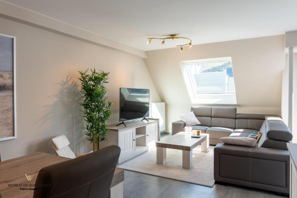 奥斯坦德Spacious apartment in the heart of Ostend near the sea的带沙发和电视的客厅
