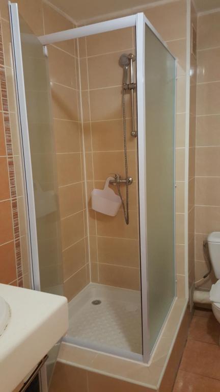 圣丹尼斯Hotel-appart Les Manguiers的浴室里设有玻璃门淋浴