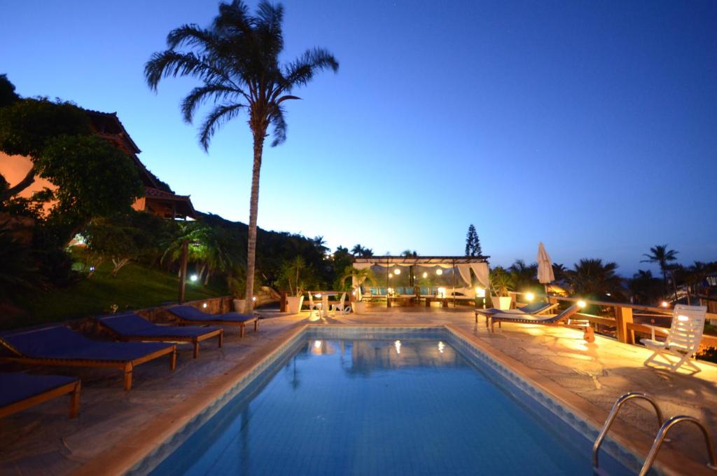 布希奥斯Aguabúzios Hotel的一个带躺椅的游泳池,并种植了棕榈树