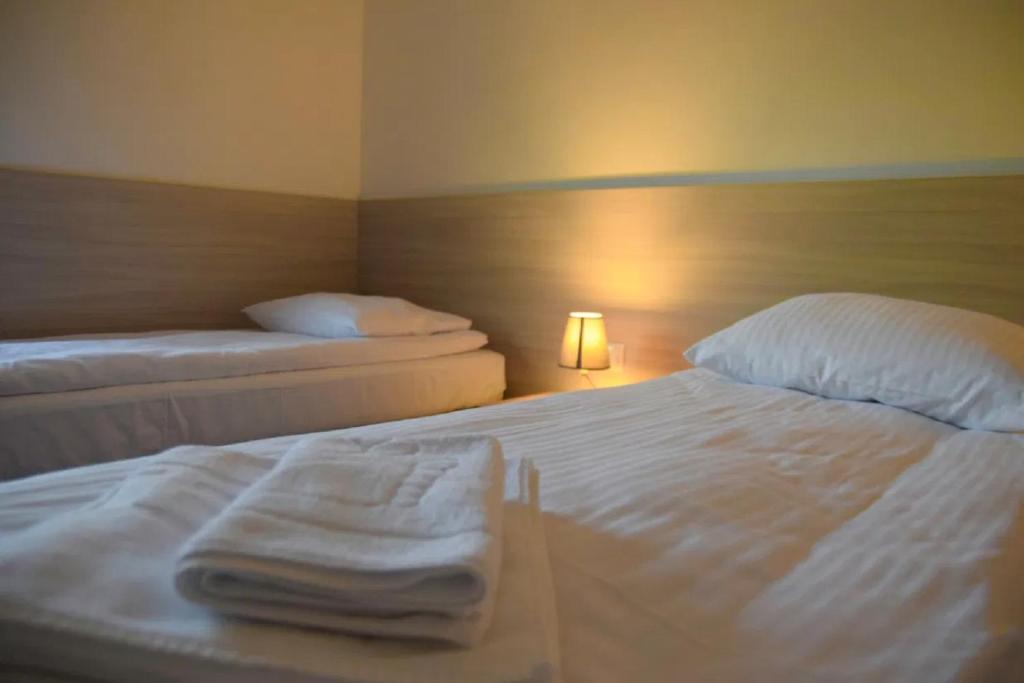 KietrzLudowa Restauracja & Noclegi的一间卧室配有两张带白色床单和灯的床