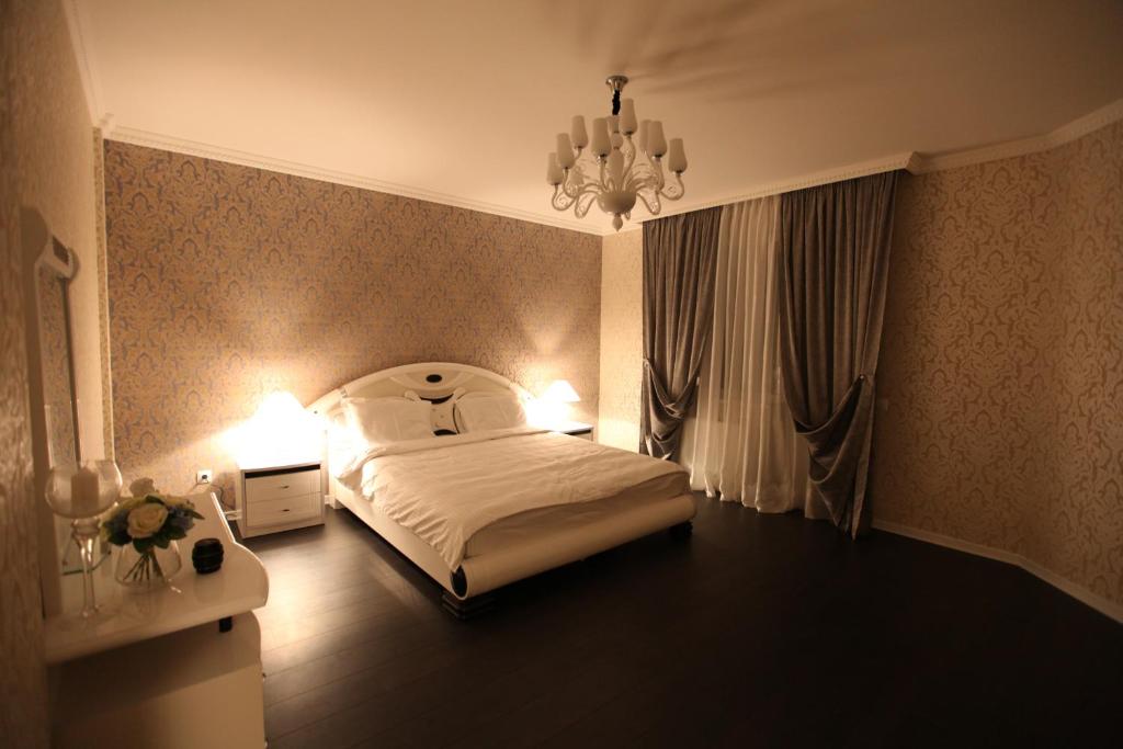 鲍里斯皮尔格雷斯公寓的一间卧室配有一张床和一个吊灯
