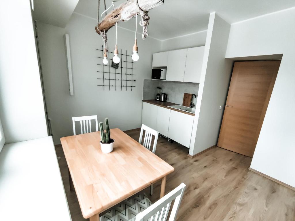 派尔努Suur-Sepa apartment near city centre and beach的厨房以及带木桌和椅子的用餐室。