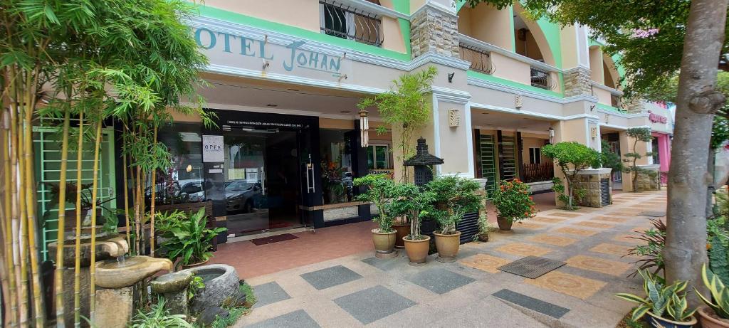 马六甲Hotel Johan的商店前有盆栽植物的建筑