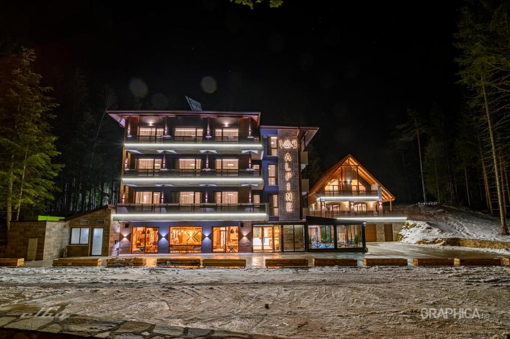潘尼希特103 Alpine Hotel的夜晚在树林里的房子