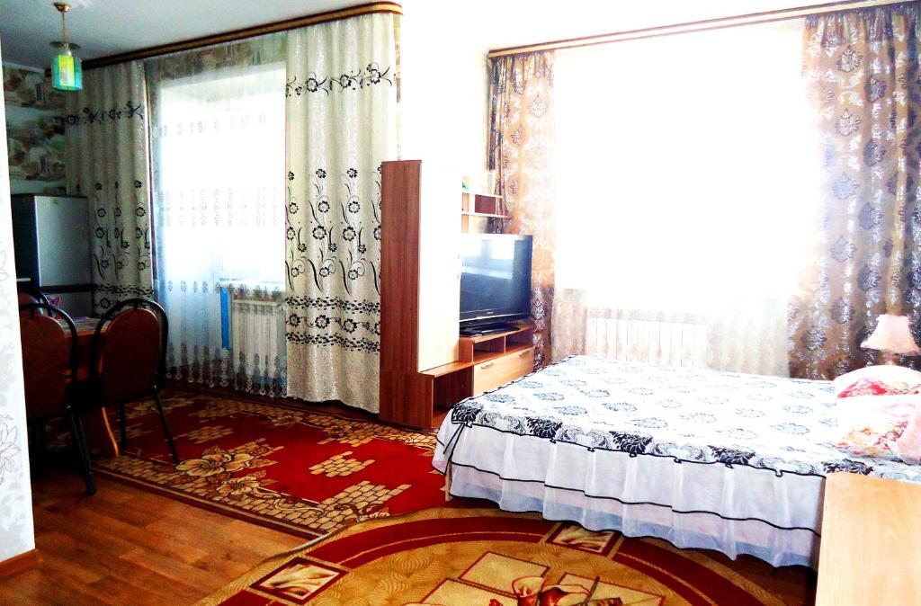 赤塔Apartment 2Pillows Bogomyagkova 11fl的一间卧室配有一张床和一台电视