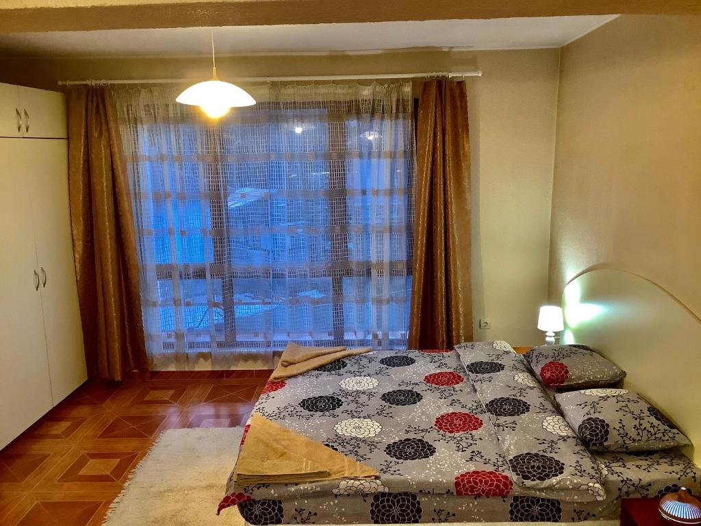 特里格拉德Приключение в Триград的一间卧室设有一张床和一个大窗户